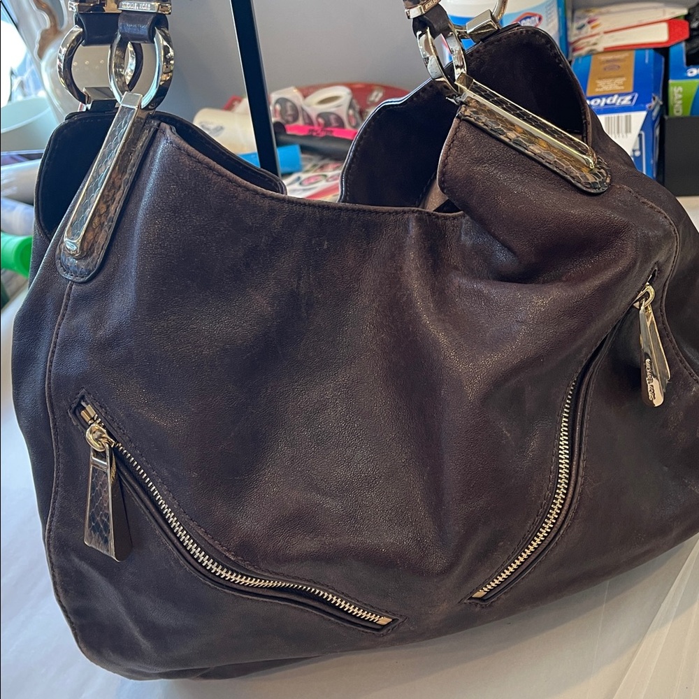 Michael Kors "Matilda" brown pebble leather and snakeskin zipper accent hobo bag - Picture 3 of 7